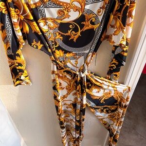 Baroque Print Jumpsuit in Black, White & Gold